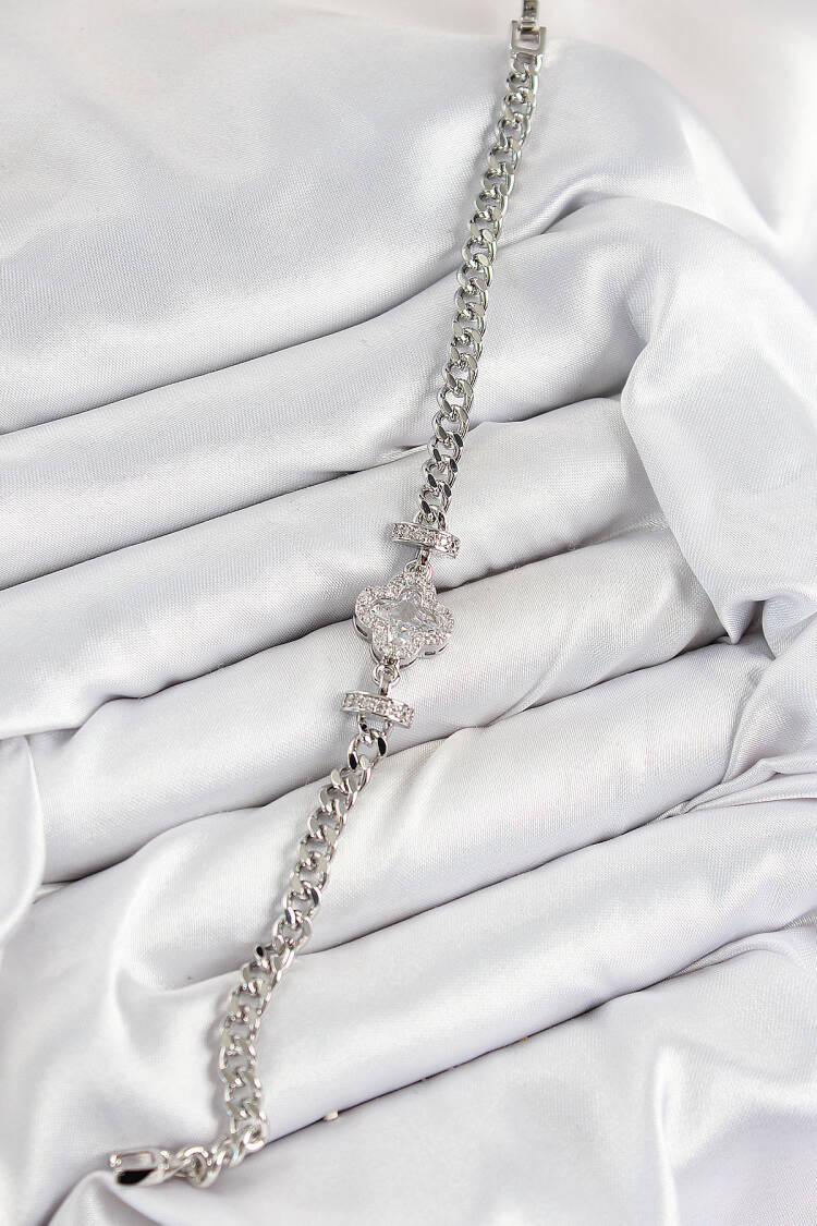 Brass Zircon Stone Clover Pattern Silver Color Women's Bracelet