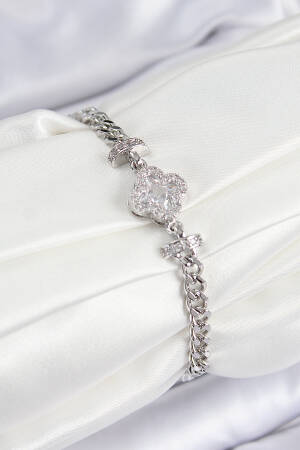 Brass Zircon Stone Clover Pattern Silver Color Women's Bracelet