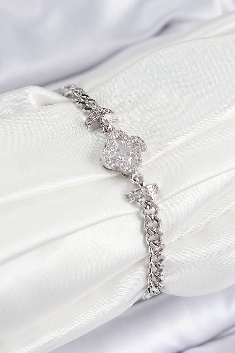 Brass Zircon Stone Clover Pattern Silver Color Women's Bracelet