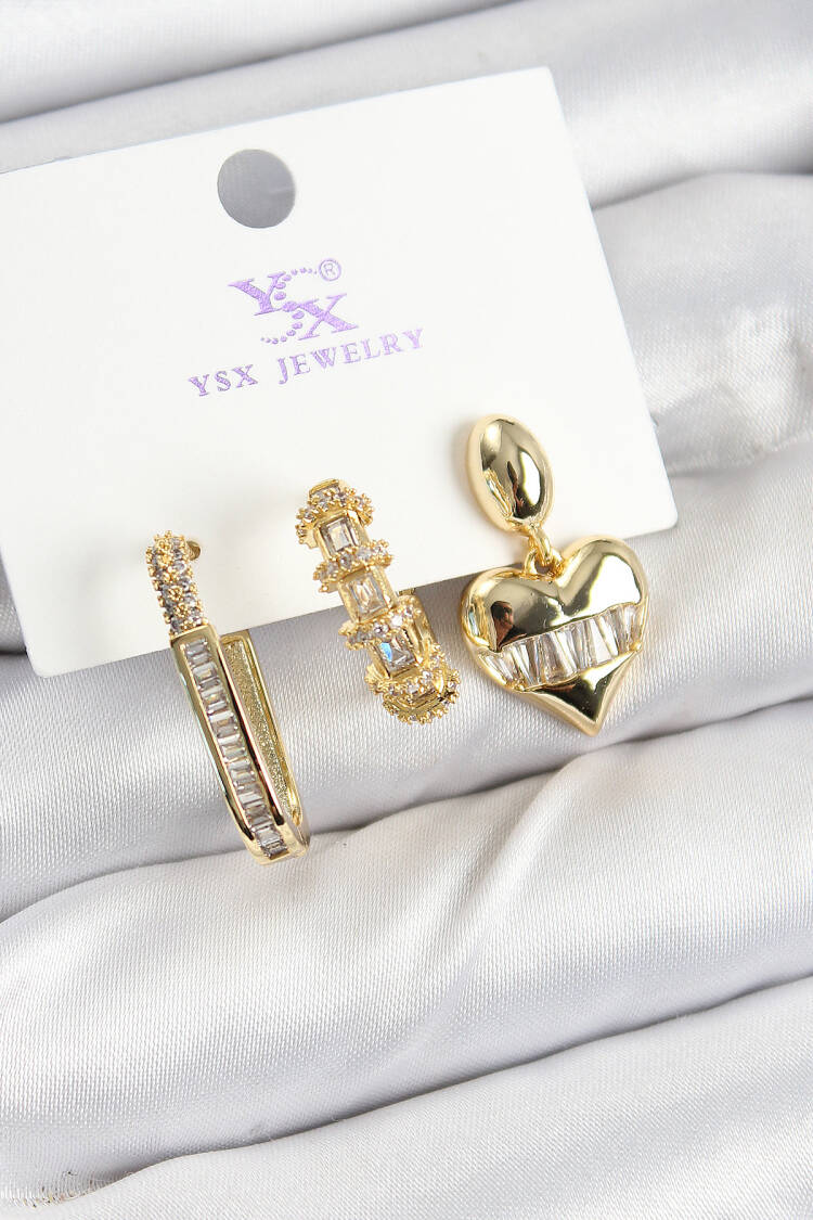 Brass Zircon Stone Heart Model Gold Color 3 Pcs Women's Earrings