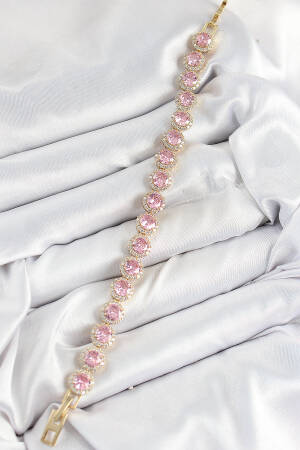 Brass Pink Zircon Stone Circle Baguette Model Gold Color Vibe Series Women Bracelet
