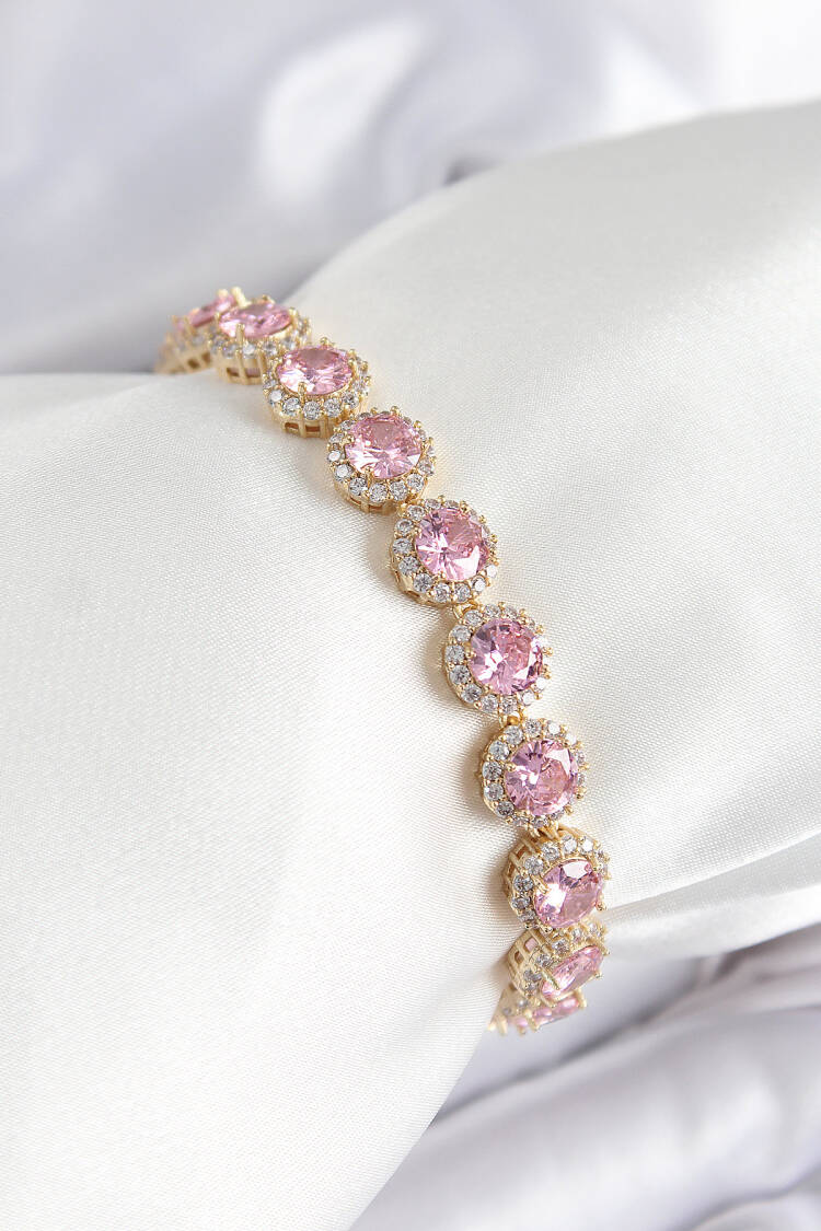 Brass Pink Zircon Stone Circle Baguette Model Gold Color Vibe Series Women Bracelet