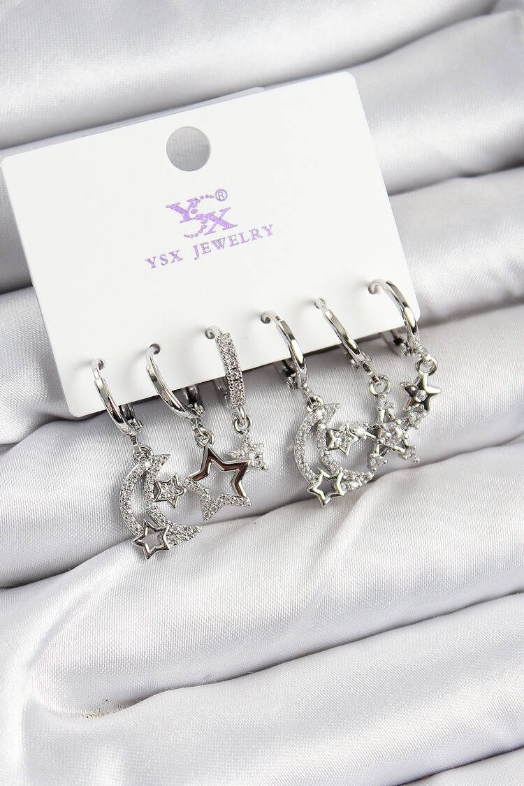 Brass Zircon Stone Moon And Star Pattern Silver Color 3 Pcs Couple Women's Earrings