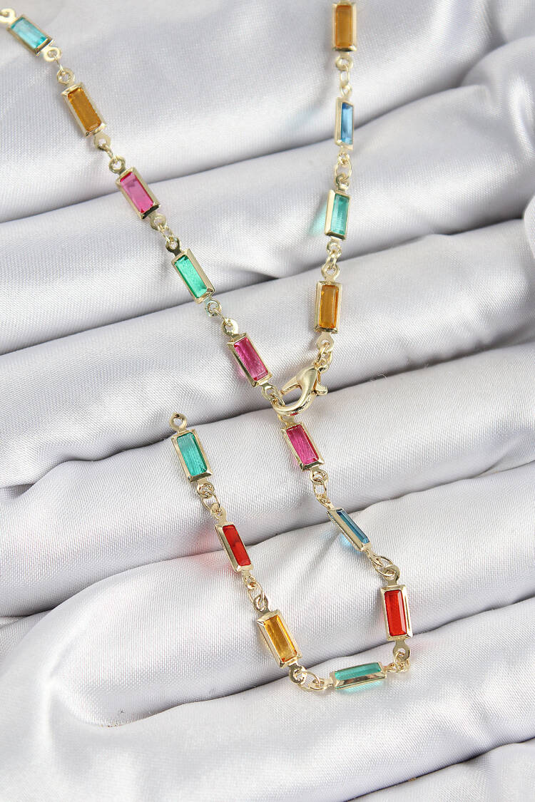 Brass Color Zircon Stone Rectangle Pattern Gold Color Women Y Necklace
