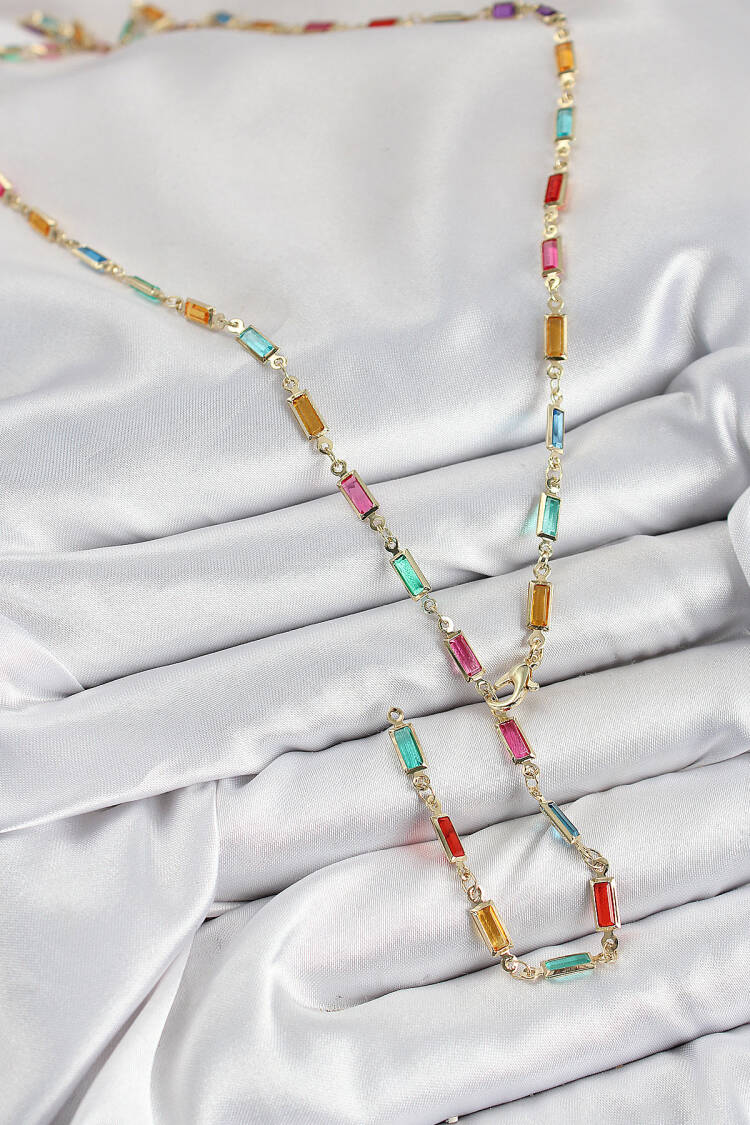 Brass Color Zircon Stone Rectangle Pattern Gold Color Women Y Necklace