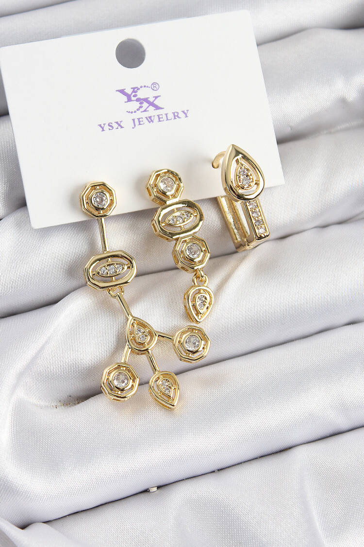 Brass Zircon Stone Geometric Pattern Gold Color 3 Piece Women's Earrings