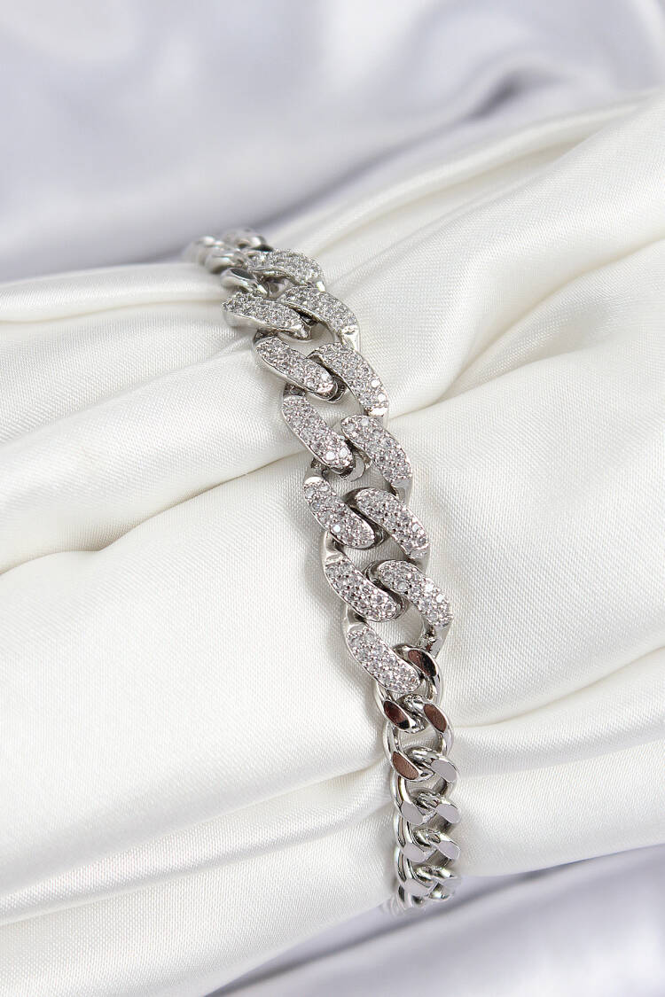 Cuban Chain Pattern Silver Color Women's Bracelet With Brass Zircon Stone