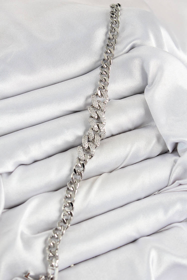 Cuban Chain Pattern Silver Color Women's Bracelet With Brass Zircon Stone