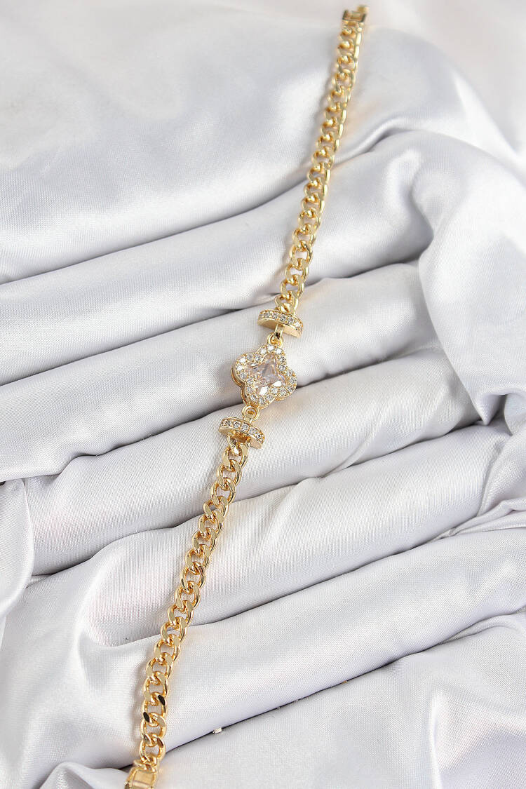 Brass Zircon Stone Clover Pattern Gold Color Women's Bracelet