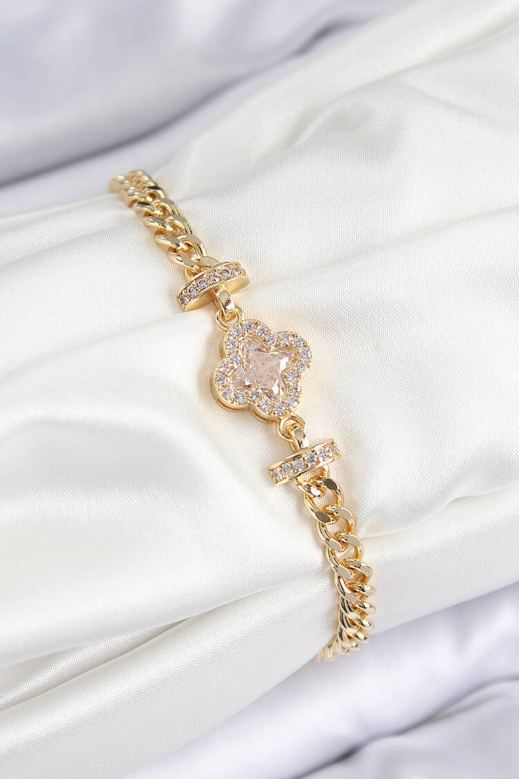 Brass Zircon Stone Clover Pattern Gold Color Women's Bracelet