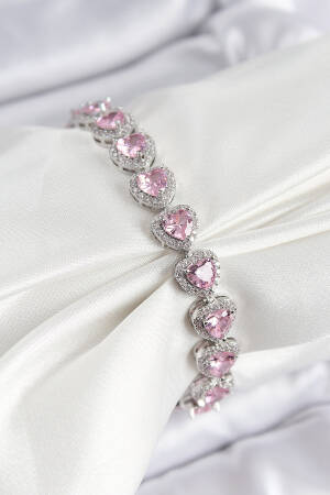 Brass Zircon Stone Pink Heart Baguette Model Silver Color Viping Series Women's Bracelet