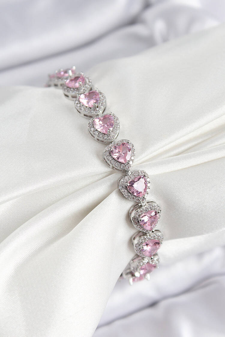 Brass Zircon Stone Pink Heart Baguette Model Silver Color Viping Series Women's Bracelet