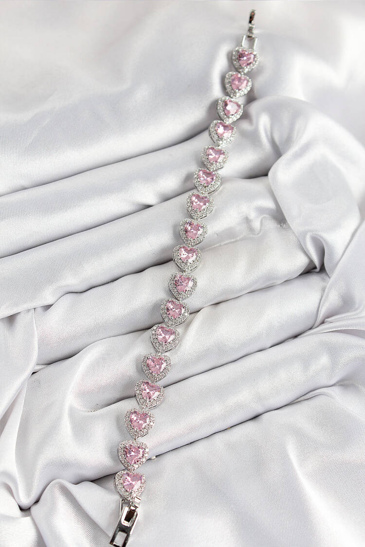Brass Zircon Stone Pink Heart Baguette Model Silver Color Viping Series Women's Bracelet