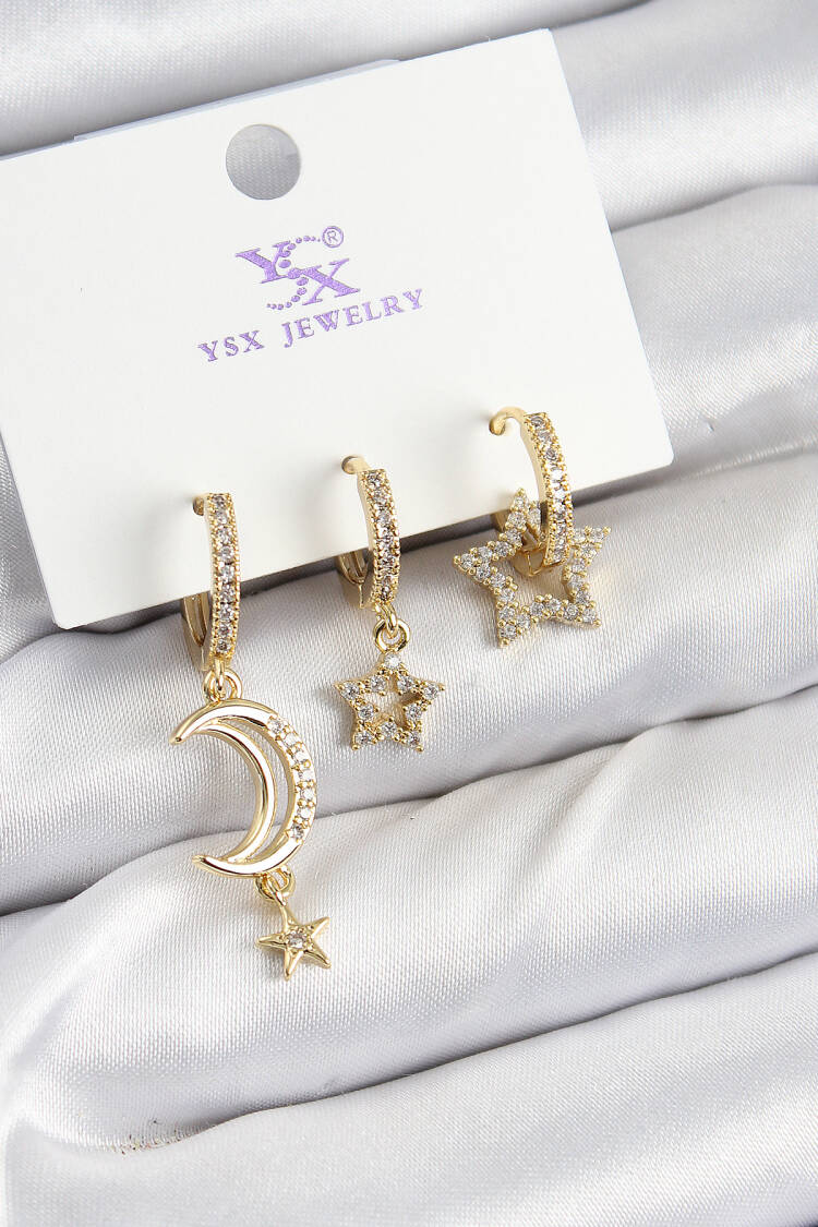 Brass Zircon Stone Moon And Crescent Model Gold Color 3 Piece Women's Earrings