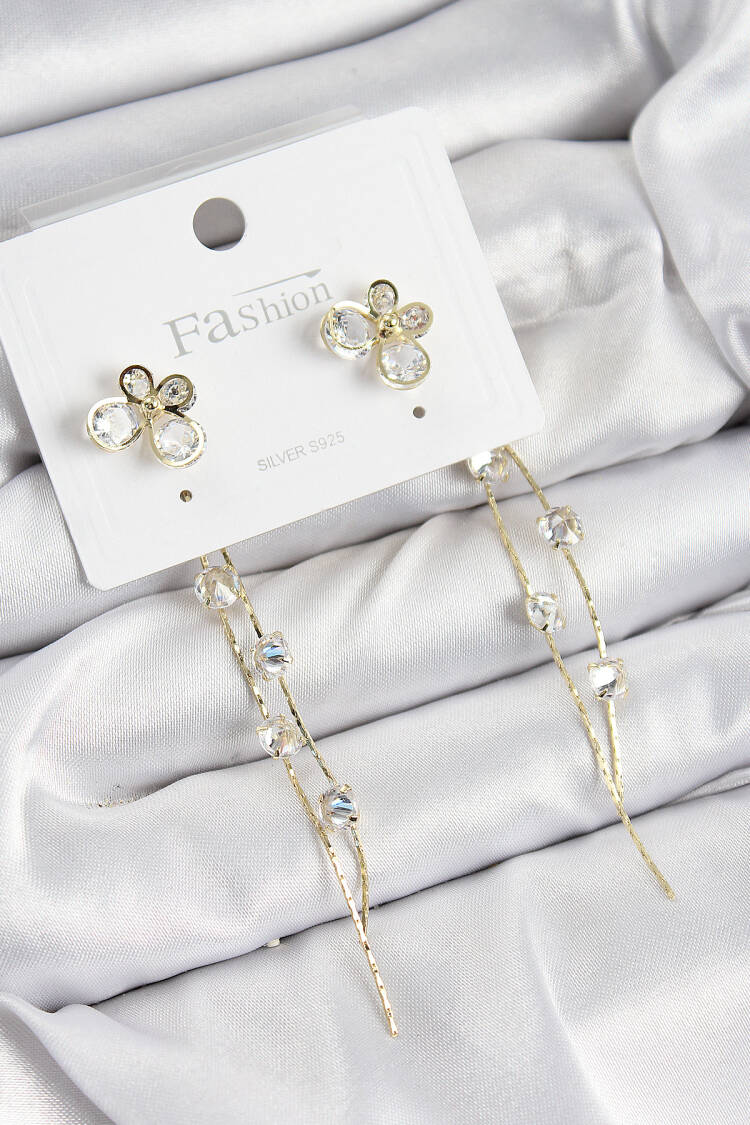 Brass Zircon Stone Swinging Butterfly Pattern Gold Color 925 Sterling Silver Stud Women Earrings