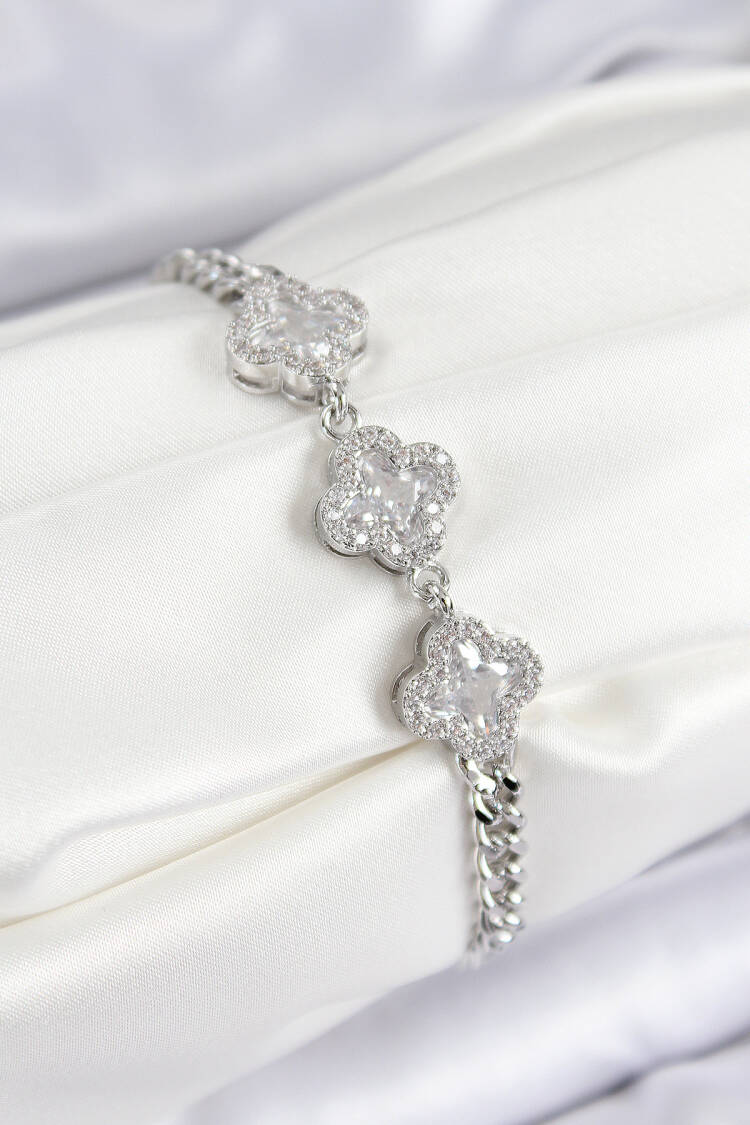 Brass Zircon Stone Clover Pattern Silver Color Women's Bracelet