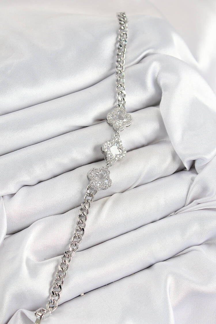 Brass Zircon Stone Clover Pattern Silver Color Women's Bracelet