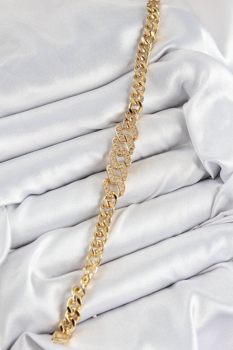 Brass Zircon Stone Crush Cuban Chain Model Gold Color Women's Bracelet