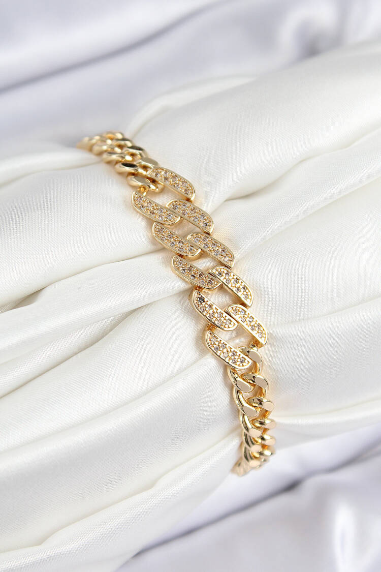 Brass Zircon Stone Crush Cuban Chain Model Gold Color Women's Bracelet