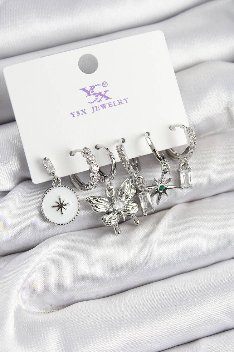 Brass Zircon Stone Butterfly And Star Pattern Silver Color 3 Pcs Couple Women Earrings