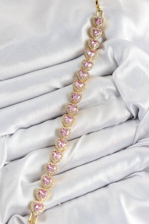 Brass Zircon Stone Pink Heart Baguette Model Gold Color Vip Series Women's Bracelet