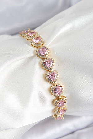 Brass Zircon Stone Pink Heart Baguette Model Gold Color Vip Series Women's Bracelet