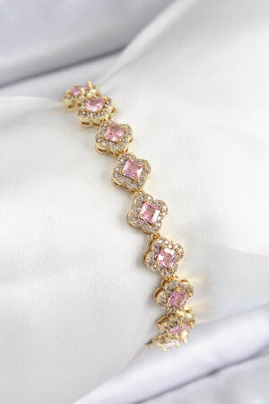 Brass Zircon Stone Pink Clover Baguette Model Gold Color Vibe Series Women Bracelet