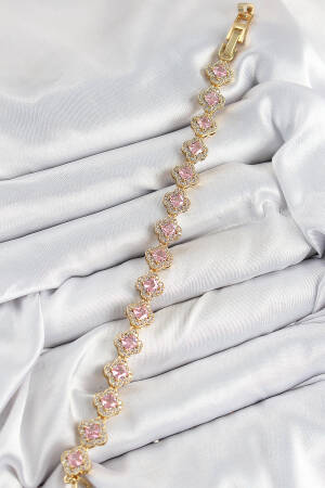Brass Zircon Stone Pink Clover Baguette Model Gold Color Vibe Series Women Bracelet