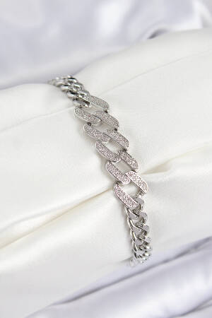 Brass Zircon Stone Crush Cuban Chain Pattern Silver Color Women's Bracelet