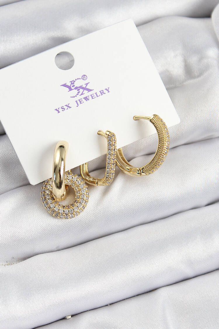 Brass Zircon Stone Ring Model Gold Color 3 Piece Women's Earrings