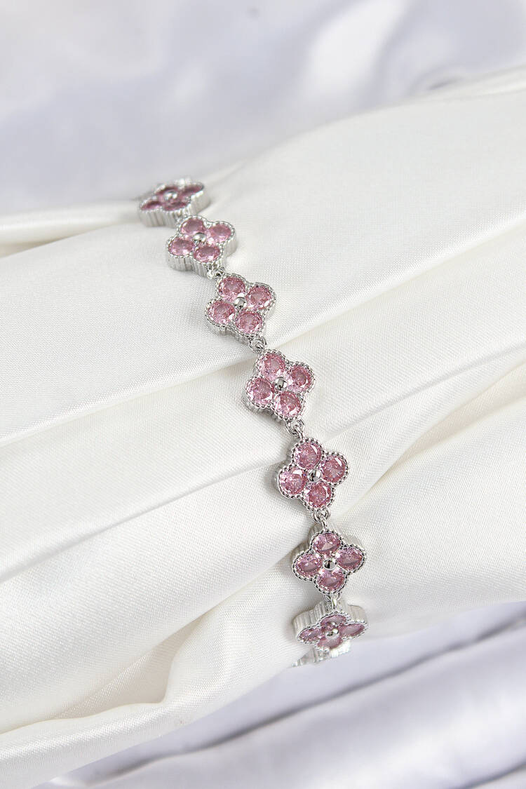 Brass Pink Zircon Stone Clover Pattern Silver Color Vibe Series Women Bracelet