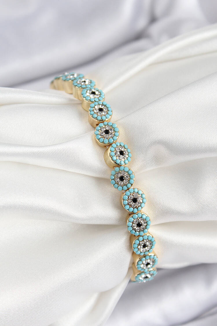 Brass Zircon Stone Turquoise Evil Eye Model Gold Color Elastic Women Bracelet