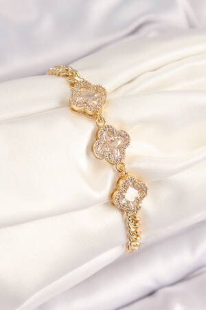 Brass Zircon Stone Clover Pattern Gold Color Women's Bracelet