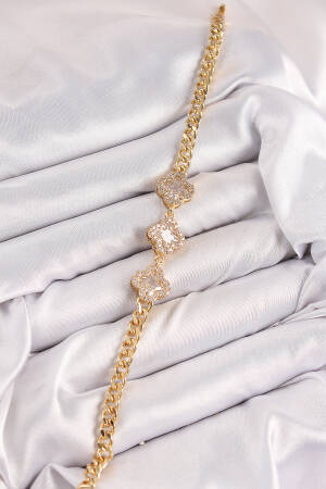 Brass Zircon Stone Clover Pattern Gold Color Women's Bracelet