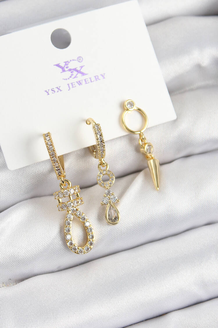 Brass Zircon Stone Rocking Pattern Gold Color 3 Piece Women's Earrings