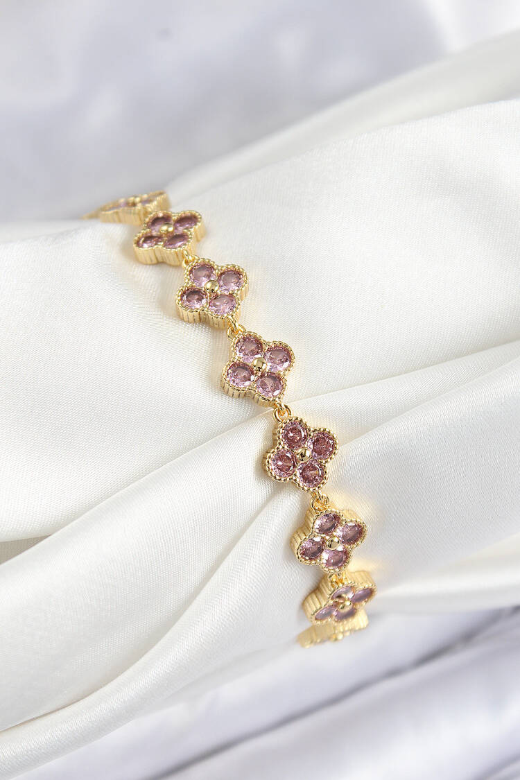 Brass Pink Zircon Stone Clover Pattern Gold Color Vibe Series Women Bracelet - Brand: Ebijuteri - Women & Kids, Baby Clothes Wholesale - Globality Store