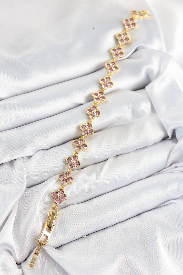 Brass Pink Zircon Stone Clover Pattern Gold Color Vibe Series Women Bracelet