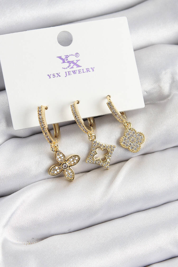 Brass Zircon Stone Clover Model Gold Color 3 Pcs Women's Earrings