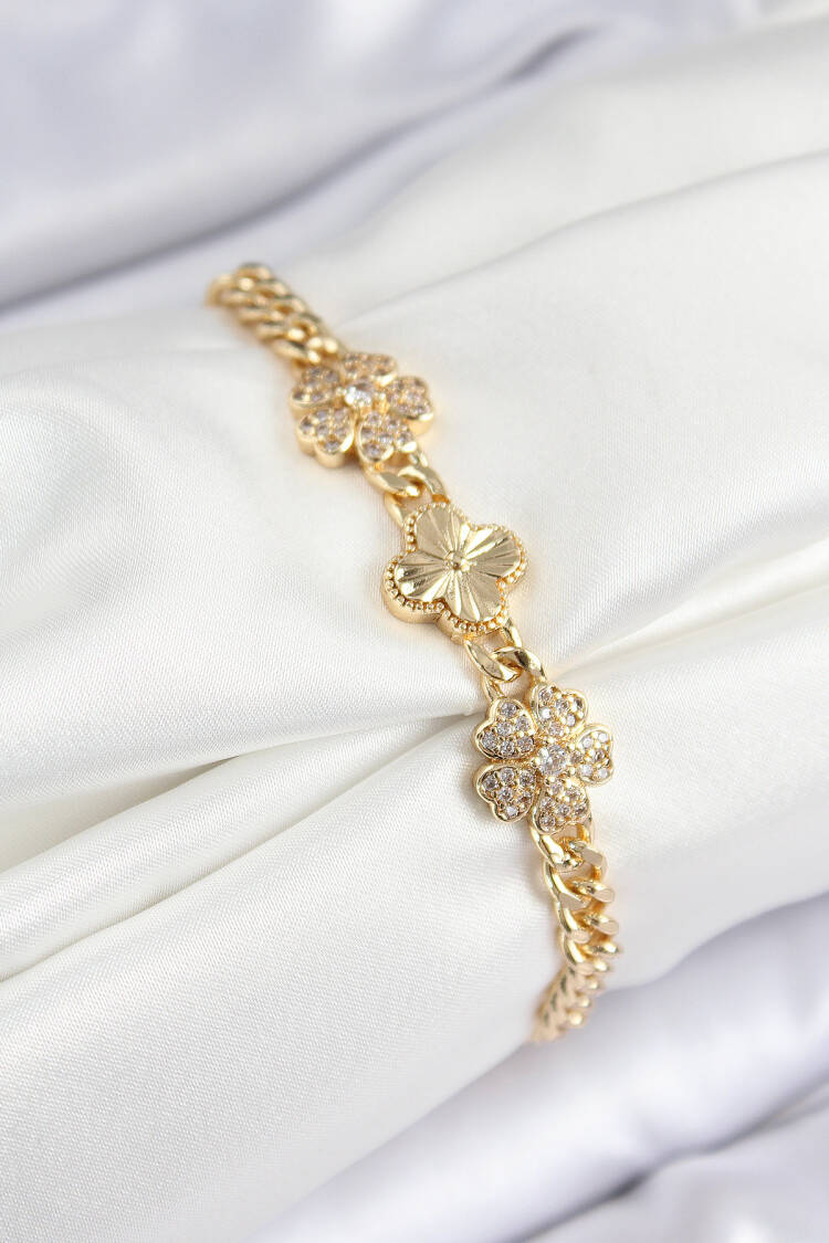 Brass Zircon Stone Clover Pattern Gold Color Women's Bracelet