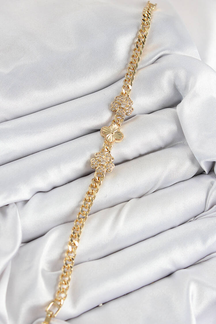 Brass Zircon Stone Clover Pattern Gold Color Women's Bracelet