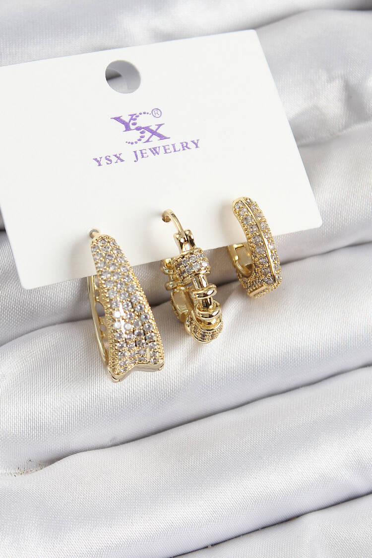 Brass Zircon Stone Ring Model Gold Color 3 Piece Women's Earrings