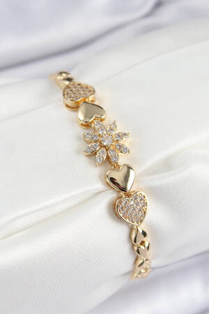 Brass Zircon Stone Heart Detailed Flower Pattern Gold Color Women's Bracelet