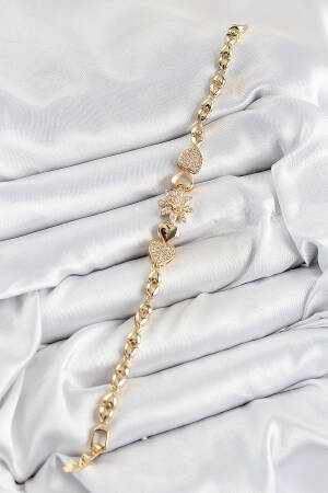 Brass Zircon Stone Heart Detailed Flower Pattern Gold Color Women's Bracelet
