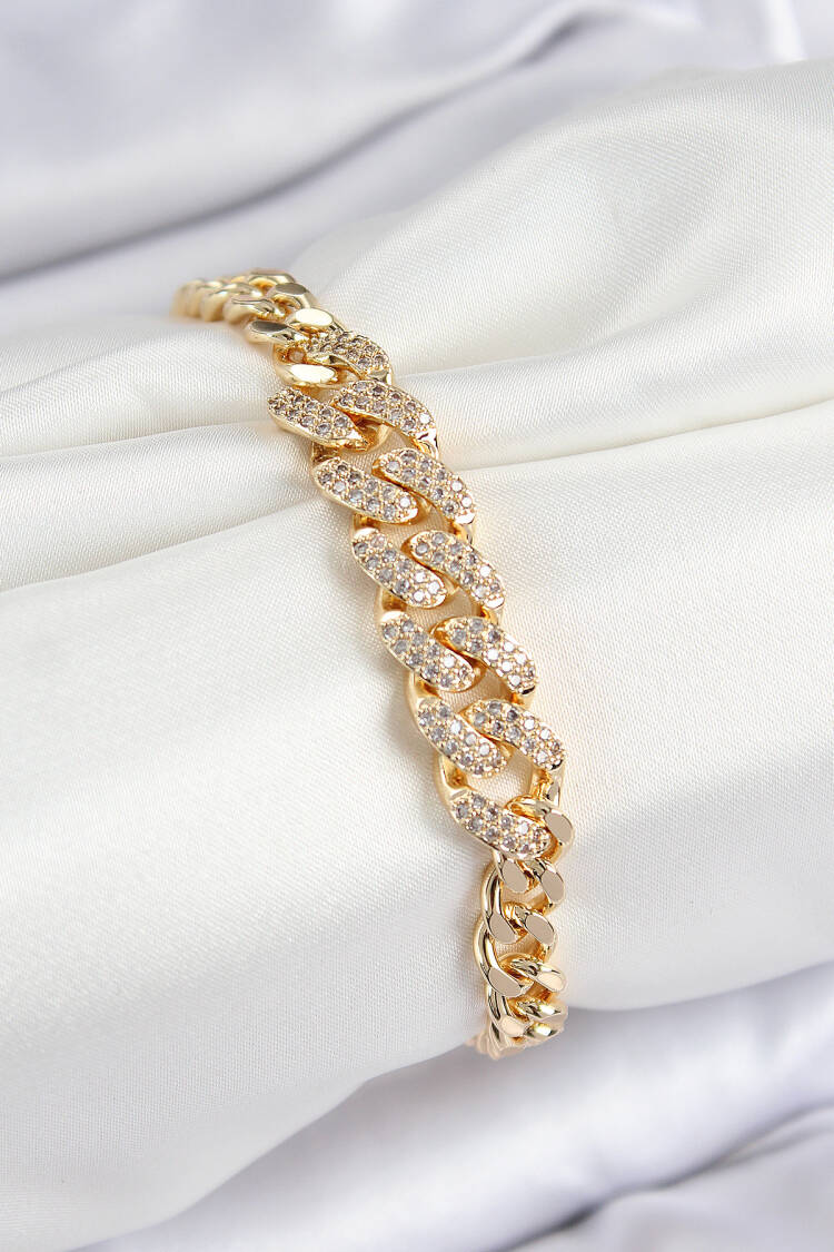 Cuban Chain Pattern Gold Color Women's Bracelet With Brass Zircon Stone