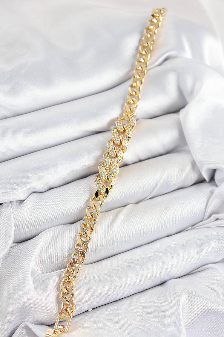 Cuban Chain Pattern Gold Color Women's Bracelet With Brass Zircon Stone