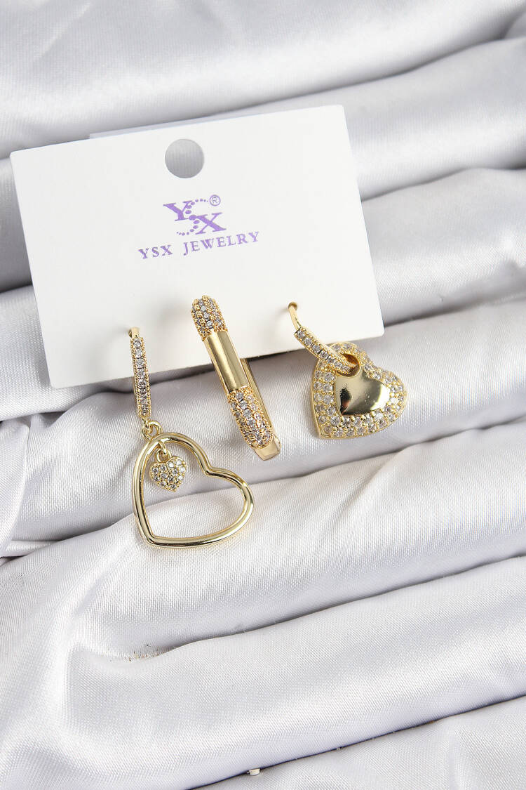 Brass Zircon Stone Heart Model Gold Color 3 Pcs Women's Earrings