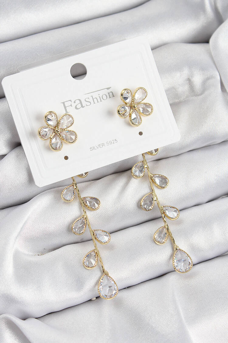 Brass Zircon Stone Swinging Flower Pattern Gold Color 925 Sterling Silver Stud Women Earrings