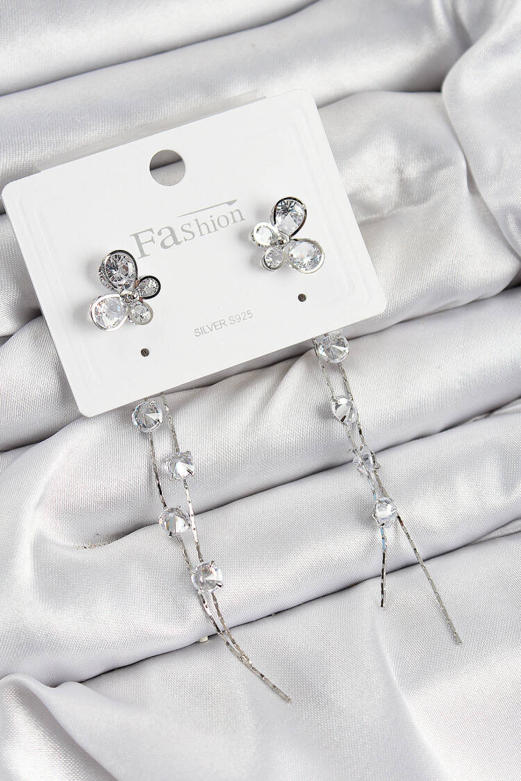 Brass Zircon Stone Swinging Butterfly Pattern Silver Color 925 Sterling Silver Stud Women Earrings