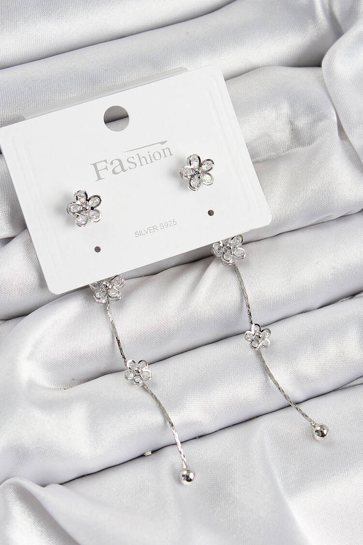 Brass Zircon Stone Swinging Flower Pattern Silver Color 925 Sterling Silver Stud Women Earrings