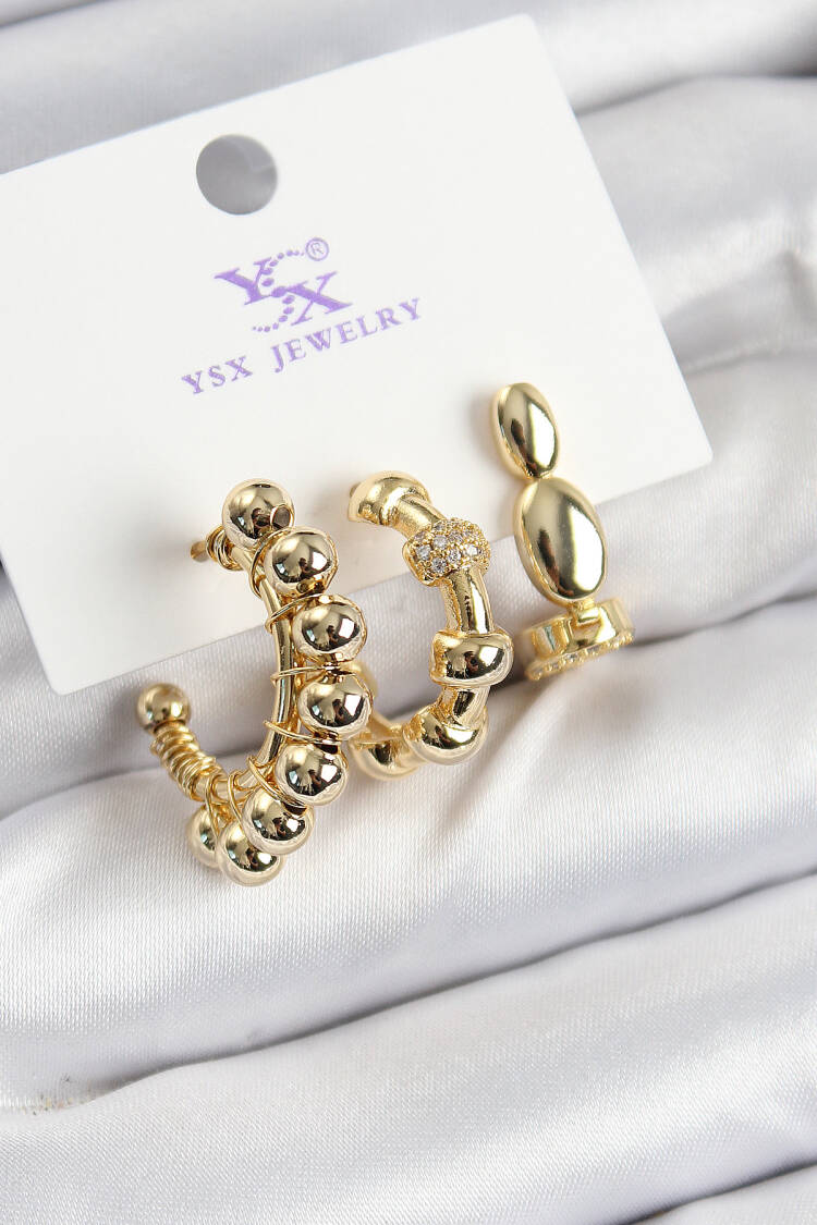 Brass Zircon Stone Ring Model Gold Color 3 Piece Women's Earrings